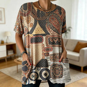 Boho Patchwork Print Tunic Top With Pockets - Relaxed Fit
