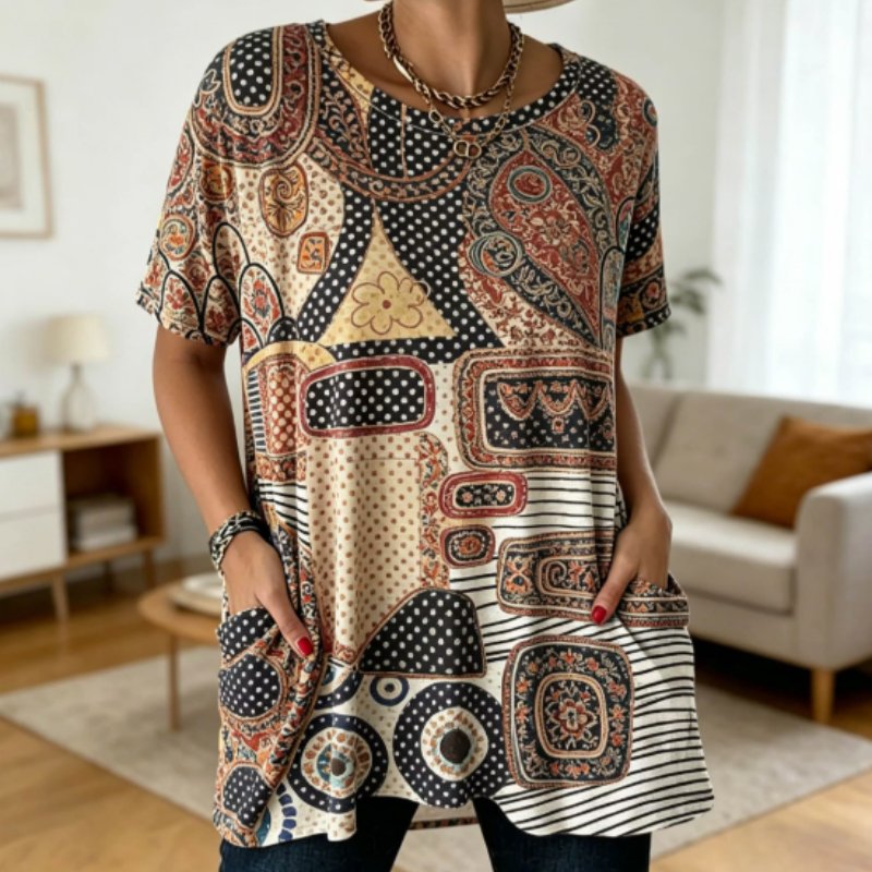 Boho Patchwork Print Tunic Top With Pockets - Relaxed Fit