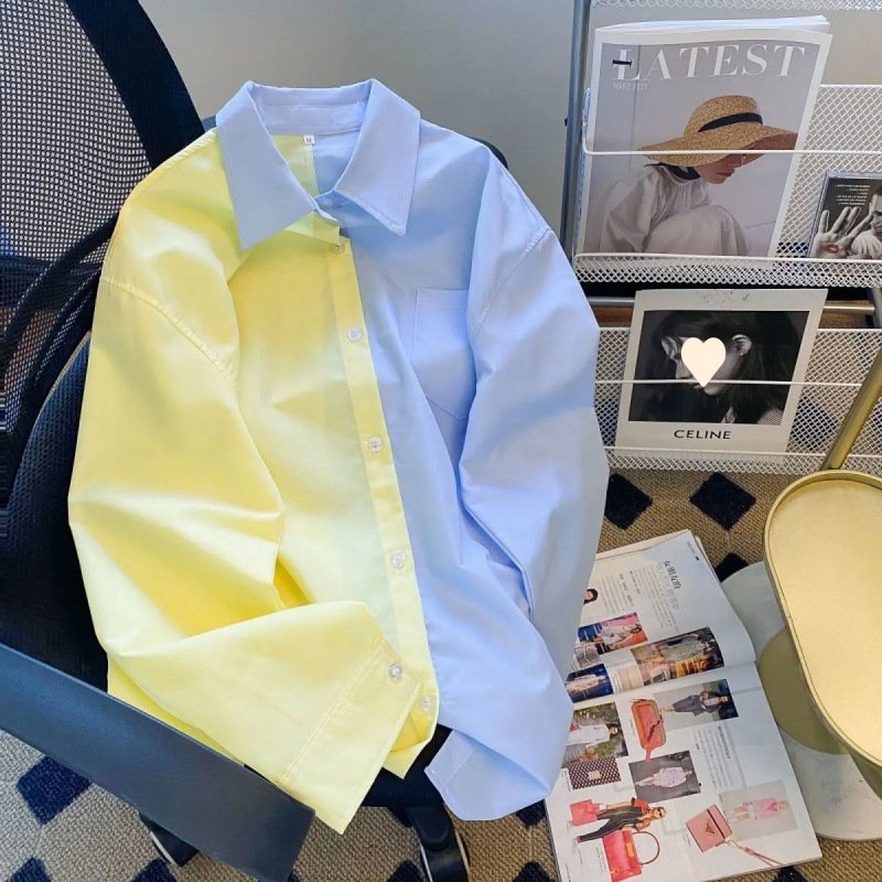 Color-block Long-sleeve Blouse for Women - Elegant Commute Style