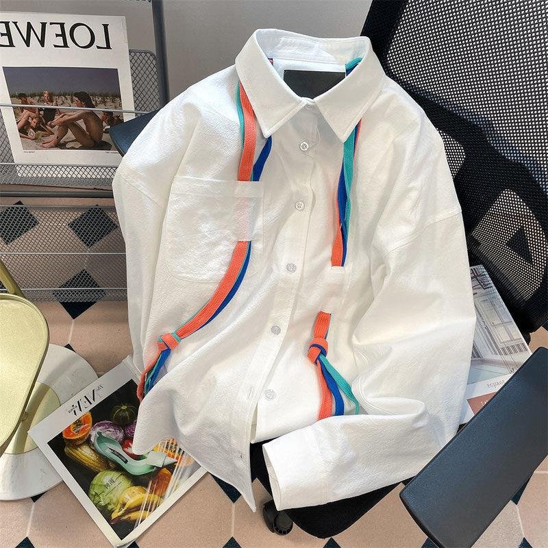 Retro Long-Sleeve Shirt with Colorful Ribbons - Elegant Lady