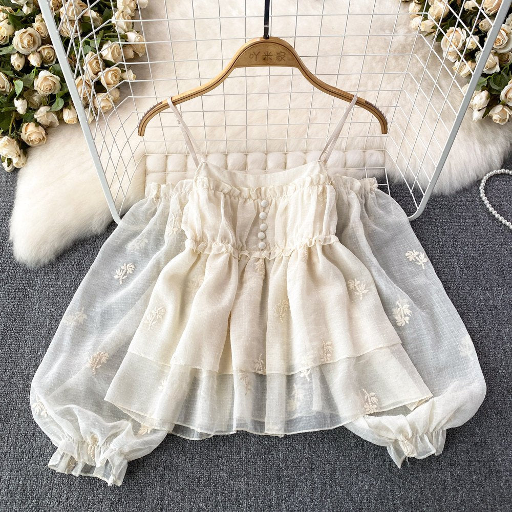Off-Shoulder Blouse with Ruffled Trim and Boat Neckline