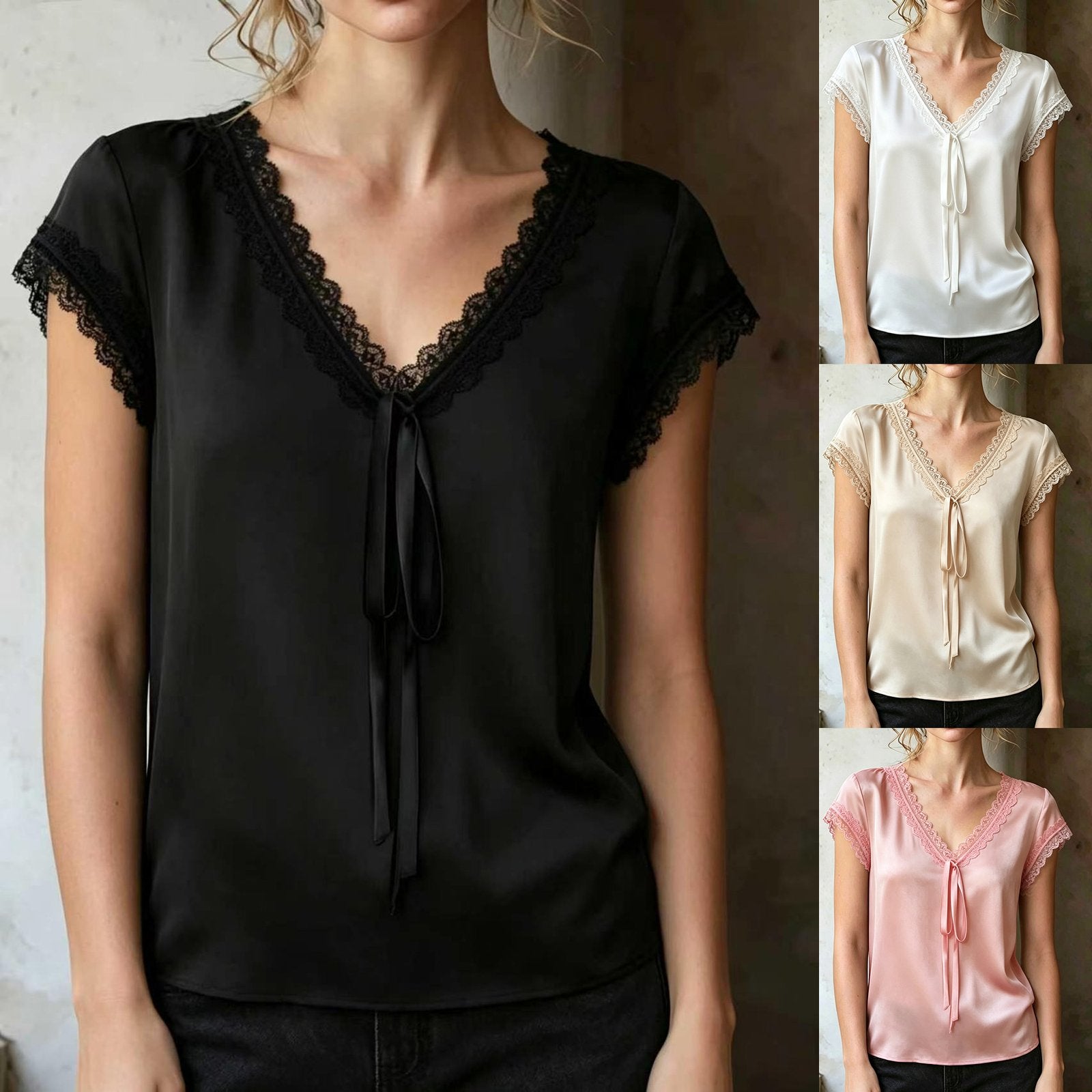 V-Neck Satin Blouse for Women - Short Sleeves
