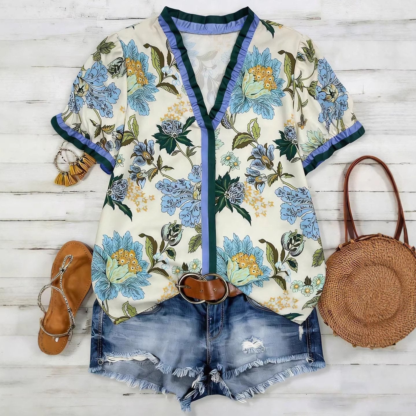 Vintage Floral Chiffon Blouse with Ruffled Trim