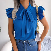 Fresh Blue Blouse for Women - Short Sleeve Bishop Neckline