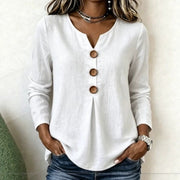 Relaxed Fit Cotton-Linen Blouse with V-Neck and Buttons