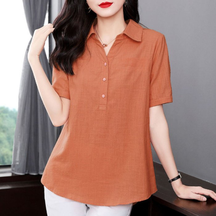 Loose-Fit Summer Shirt for Women - Mid-Length with Lapel Collar