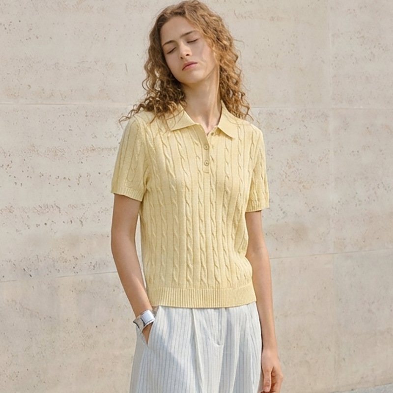 3D Cable-knit Short-Sleeved Polo Shirt for Women