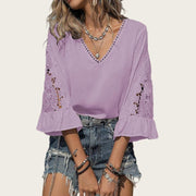 Elegant V-neck Tee with Three-quarter Sleeves