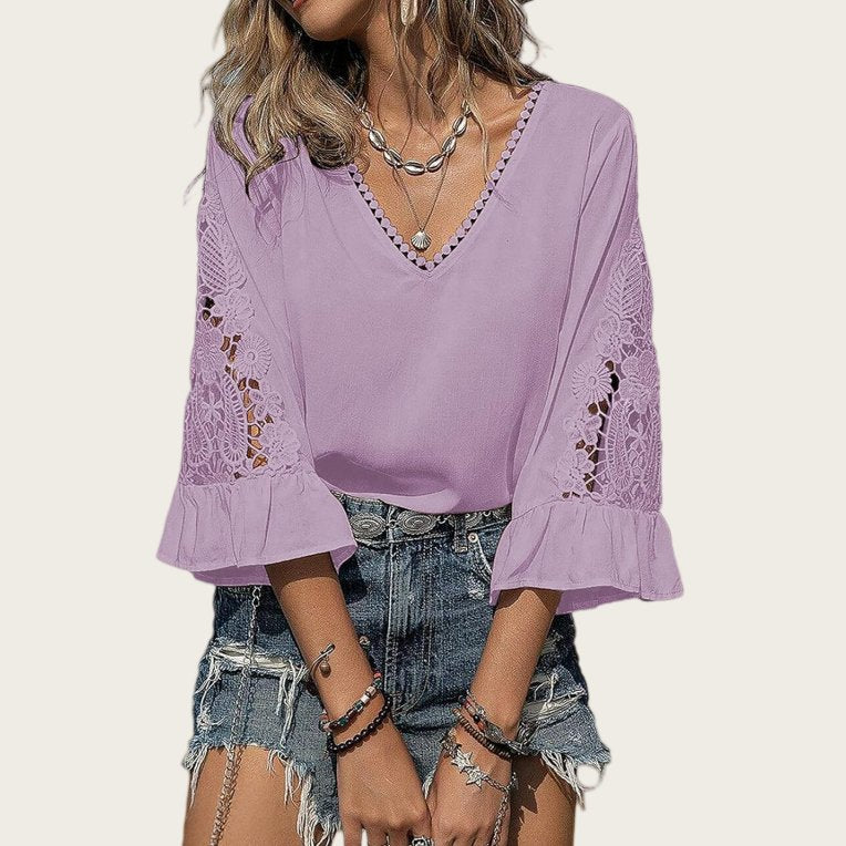 Elegant V-neck Tee with Three-quarter Sleeves