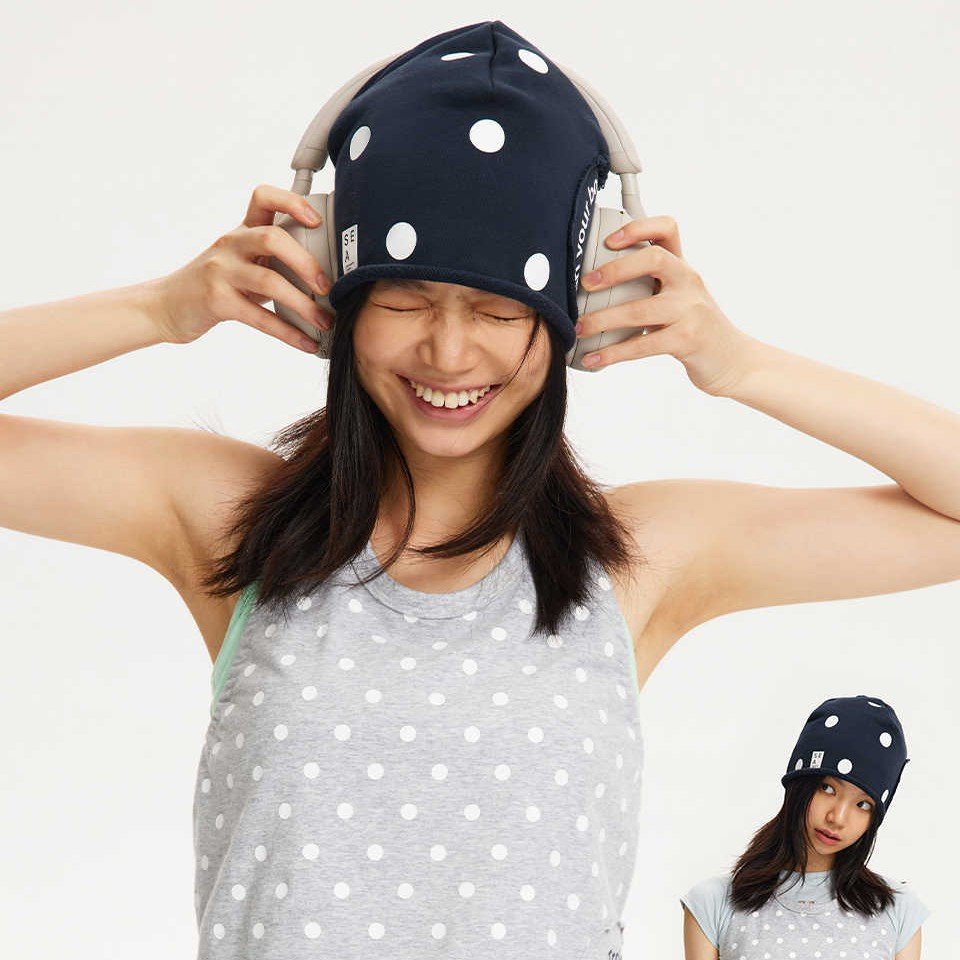 Navy Blue Polka-dot Hoodie with Curled Knit Beanie