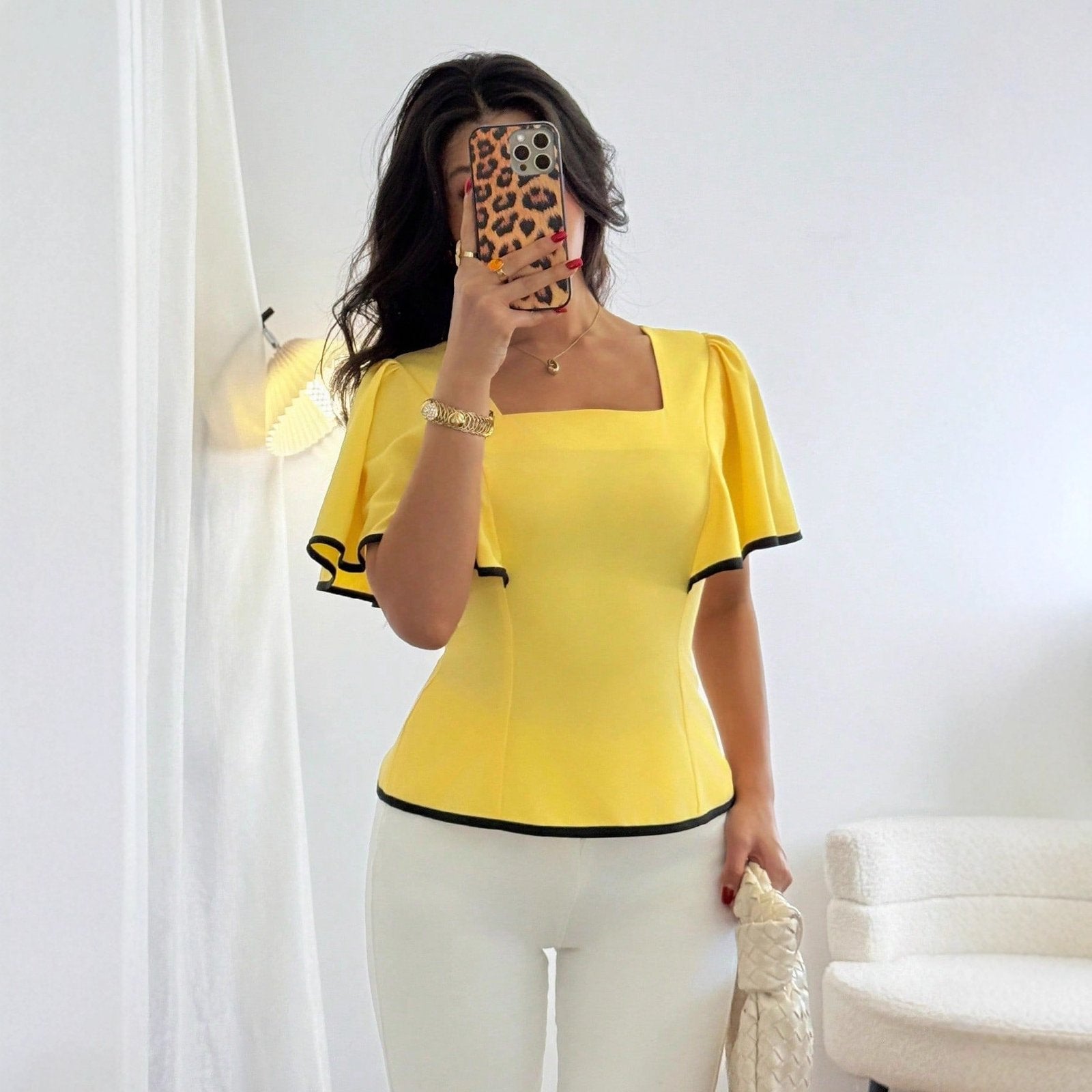 Cream Yellow Ruffled Hem T-Shirt for Women