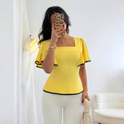 Cream Yellow Ruffled Hem T-Shirt for Women