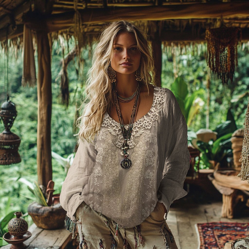 Retro Boho Round Neck Top for Women