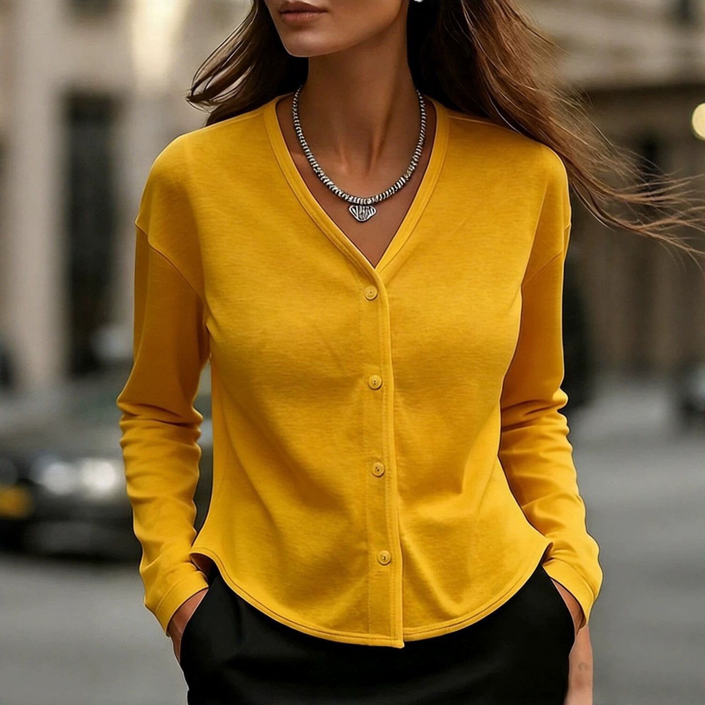 Women's V-Neck Long-Sleeve Slim-Fit Shirt