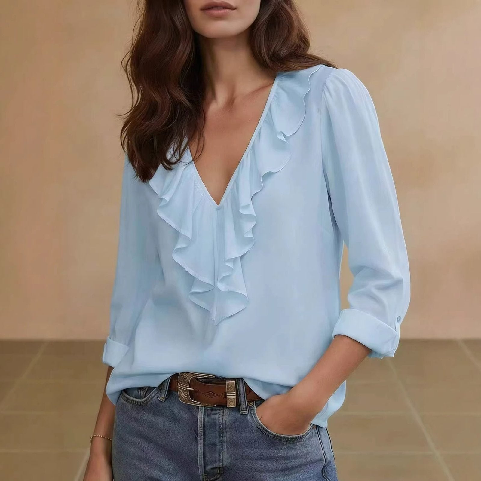 Elegant V-Neck Blouse with Lace Trim