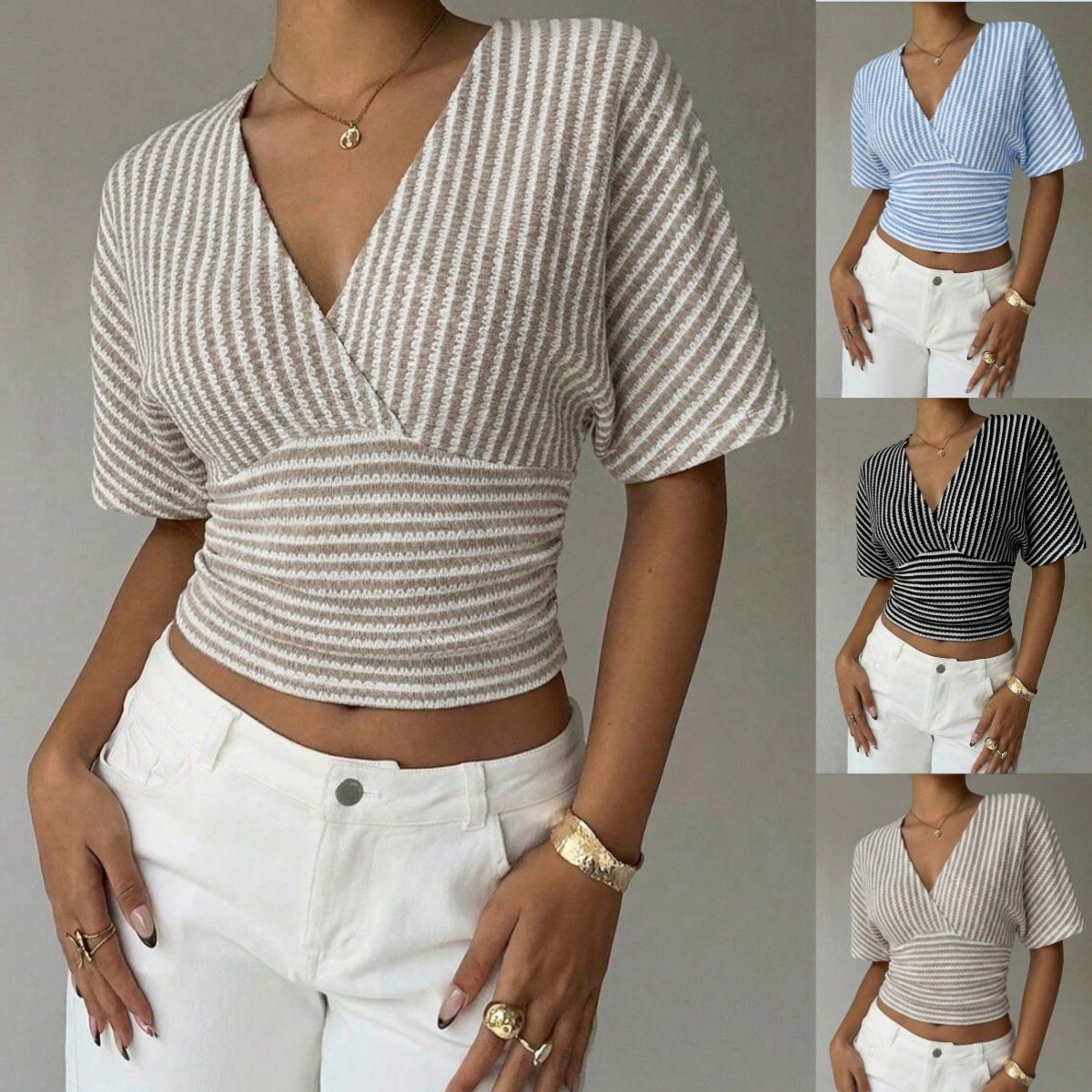 Casual Striped V-Neck Knit Top for Women