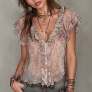 Floral V-Neck Ruffled Top for Women