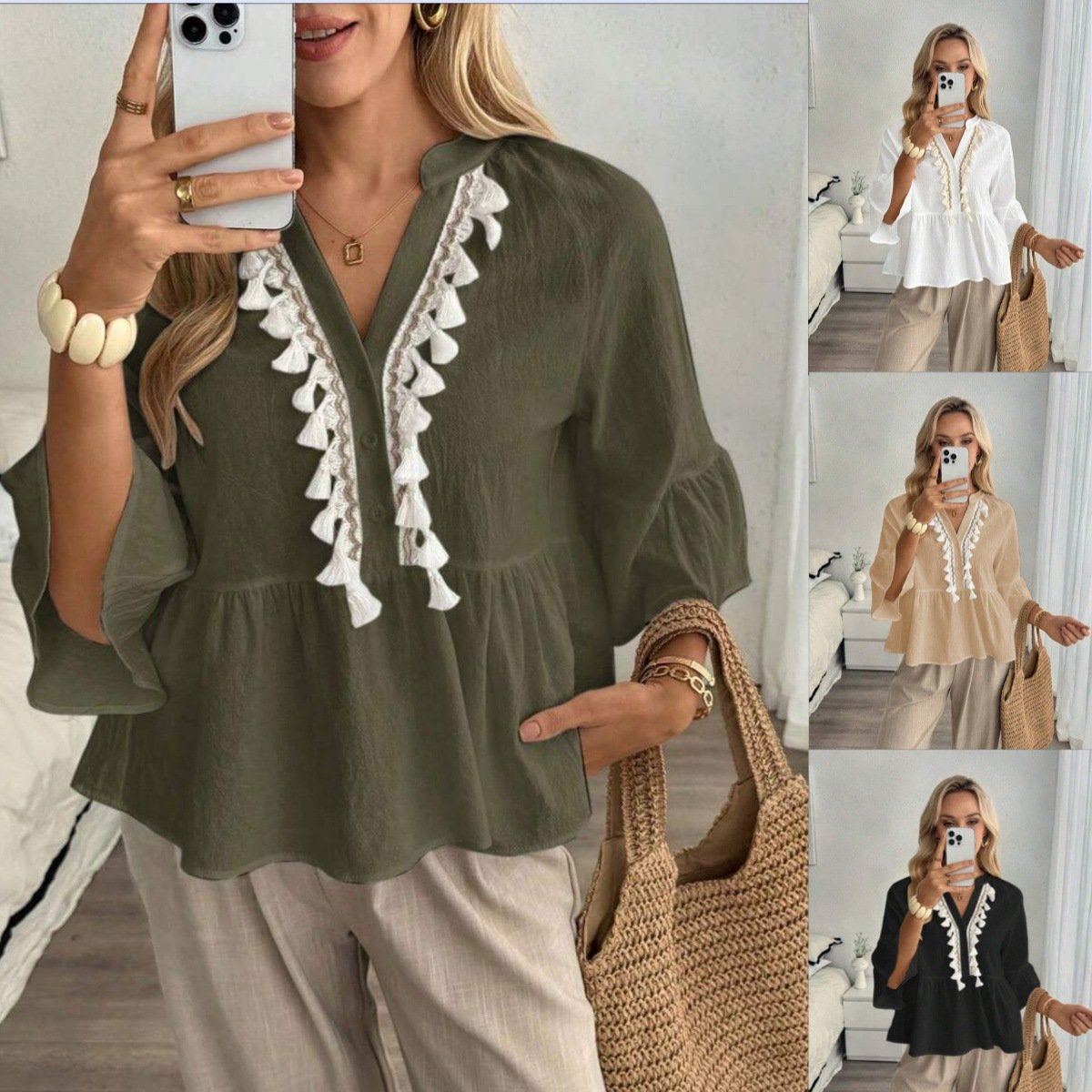 Elegant Solid V-Neck Top with Tassels and Buttons