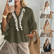 Elegant Solid V-Neck Top with Tassels and Buttons