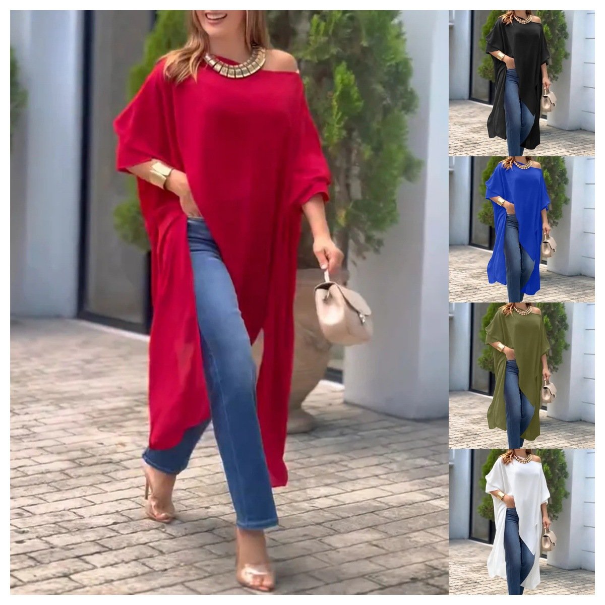 Asymmetrical Cape Blouse for Women - Red, Army Green, Black, Blue, White