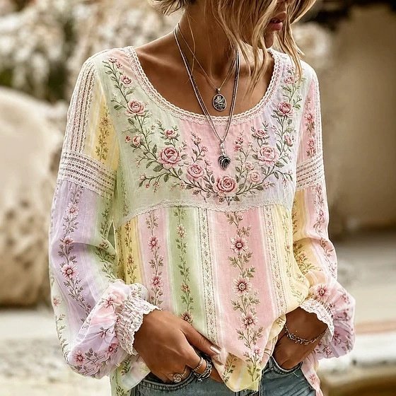 Retro Boho Linen Top with Rose Embroidery