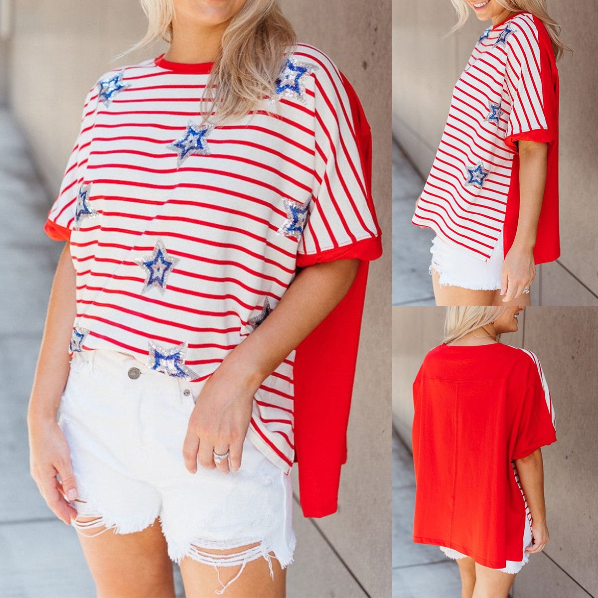 Red Sequin Star-striped Loose-fit T-shirt for Women