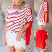 Red Sequin Star-striped Loose-fit T-shirt for Women