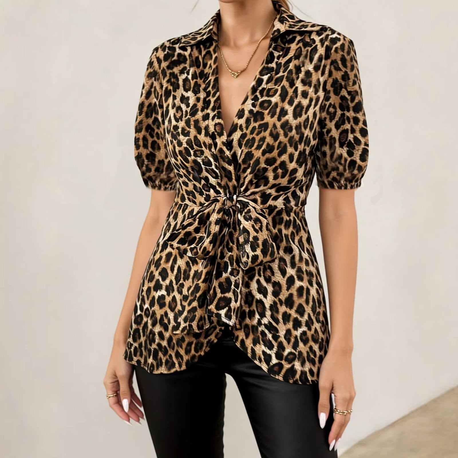 Leopard Print Short Sleeve Blouse Tops for Women