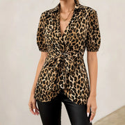 Leopard Print Short Sleeve Blouse Tops for Women