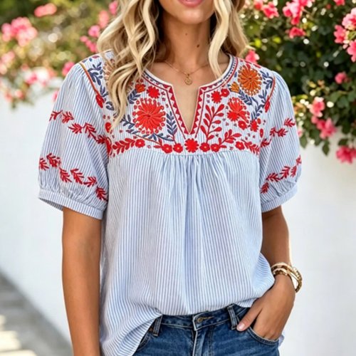 Floral Embroidered Split Neck Blouse - Blue Stripe Casual Top