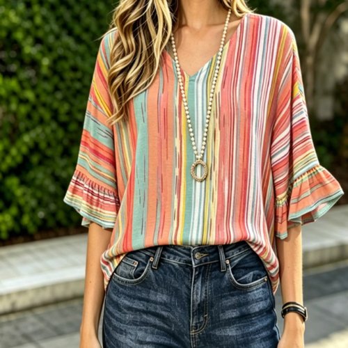 Vibrant Bell Sleeve Blouse - Multicolor Striped Print