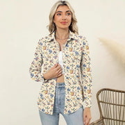 Elegant Long-sleeve Blouse with Notched Collar and Fashion Print