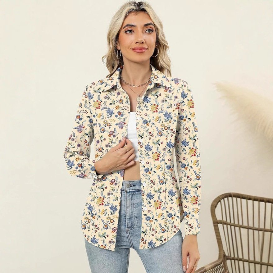 Elegant Long-sleeve Blouse with Notched Collar and Fashion Print