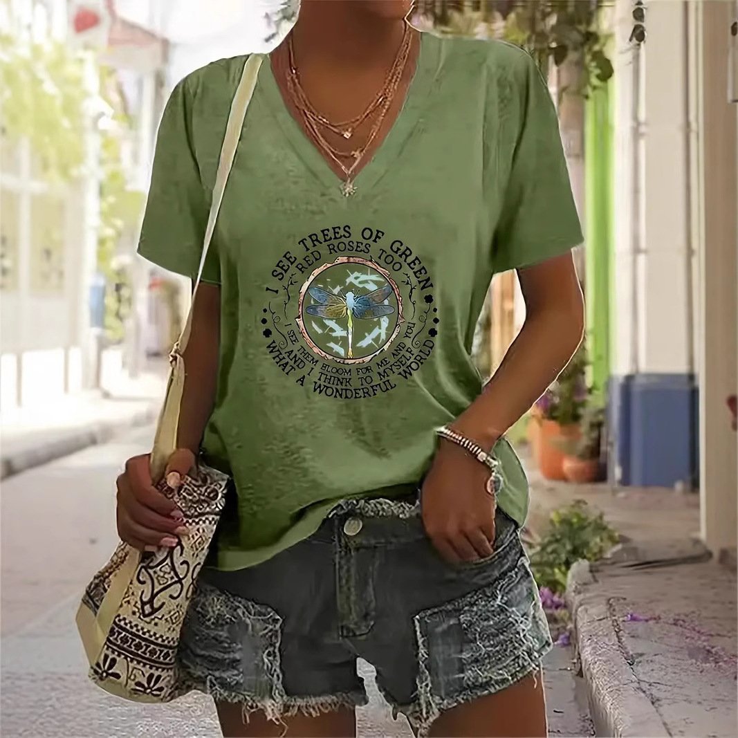 Loose Fit V-Neck Printed Tee for Women