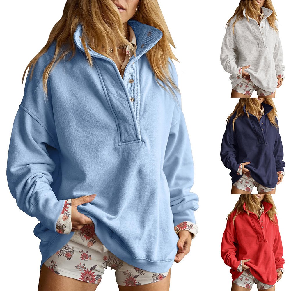 Casual Loose Fit Hoodie with Button Neckline