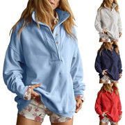Casual Loose Fit Hoodie with Button Neckline