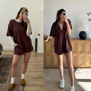 Relaxed Fit V-Neck Backless Jumpsuit with Shorts for Women