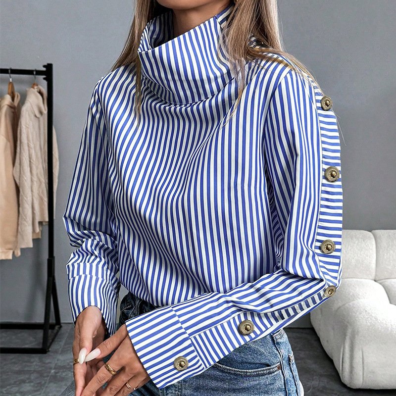 Blue Striped Long-sleeve Women's Casual Shirt