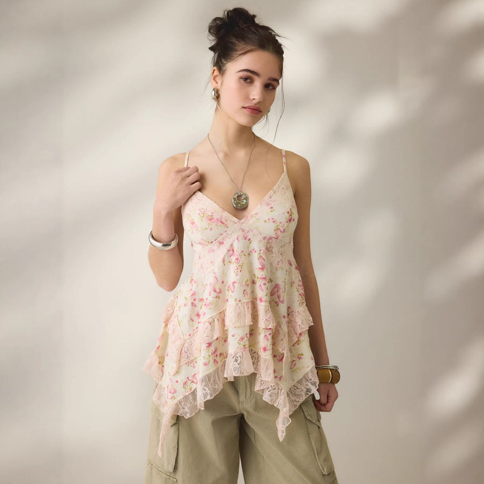 Floral Chiffon Slimming Lace Camisole Top