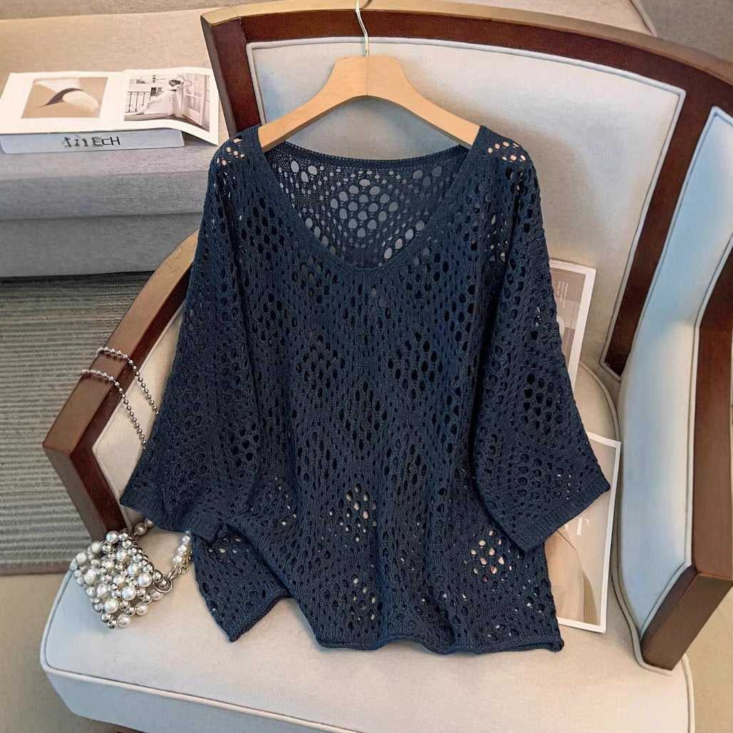 Navy Blue Hollow-out Casual Knit Top for Women