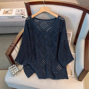 Navy Blue Hollow-out Casual Knit Top for Women