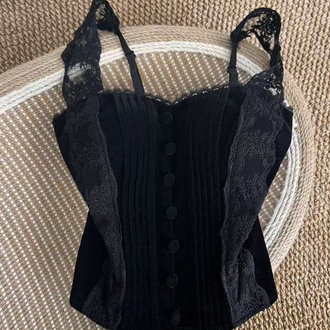 Elegant Strapless Velvet Camisole with Lace Panel