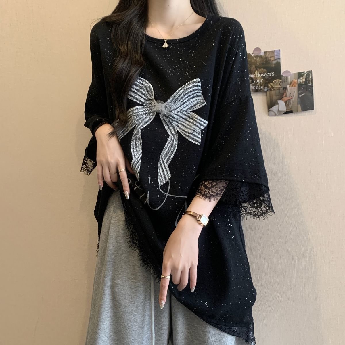 Plus-Size Ruched Top with Butterfly Embroidery & Starry Print