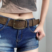 Vintage Embossed Leather Belt with Bronze Buckle for Men