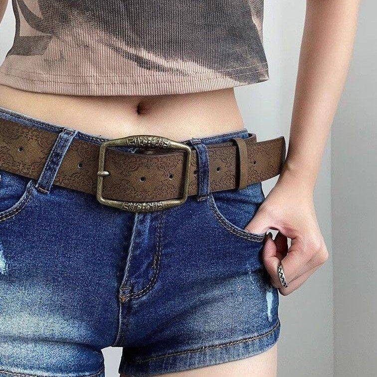 Vintage Embossed Leather Belt with Bronze Buckle for Men