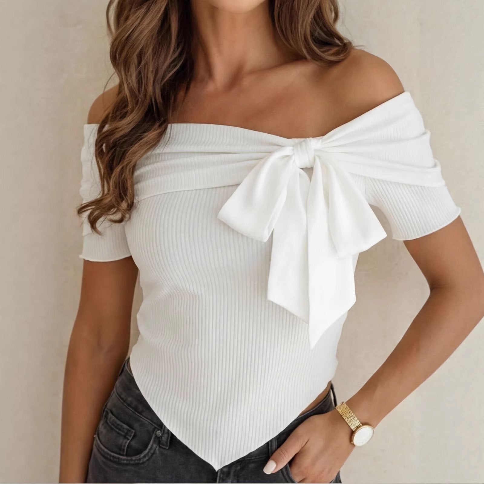 Off-Shoulder Lace-Up Top with Bow Detail