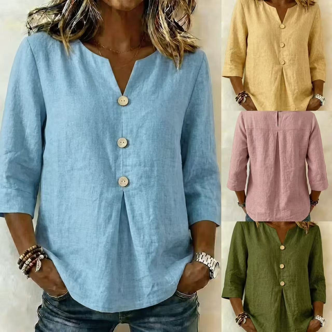 Loose-fit V-neck Cotton-linen Top for Women