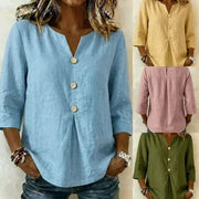 Loose-fit V-neck Cotton-linen Top for Women