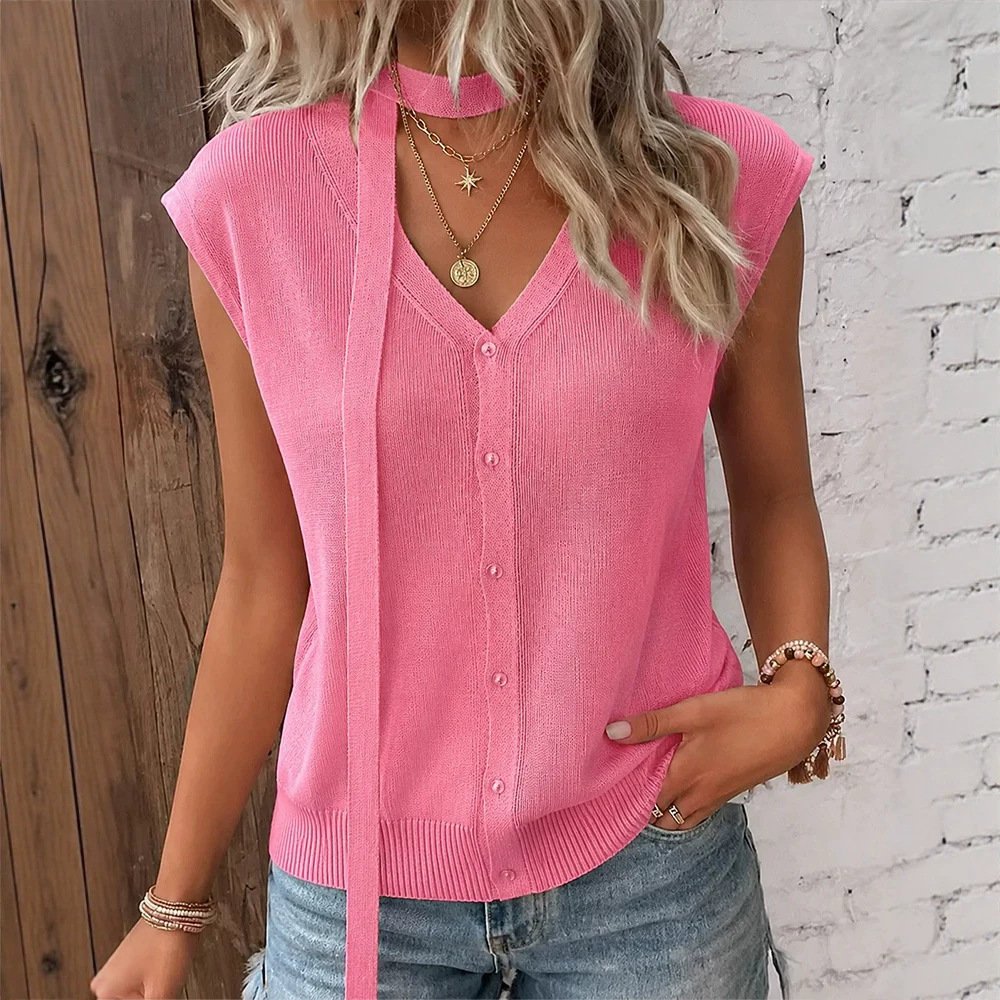 Women's V-Neck Cardigan with Ribbed Ice-Silk Knit