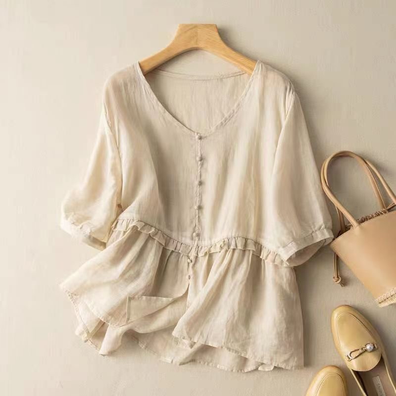 Retro Chic Loose-fit Short-sleeve Top for Women